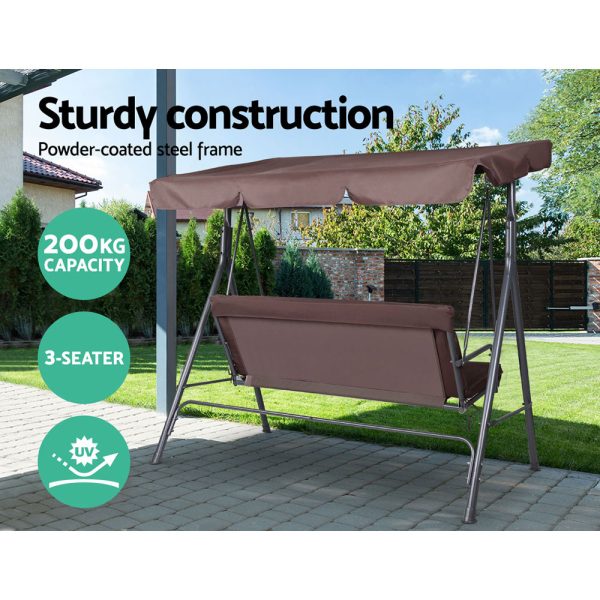Gardeon Outdoor Swing Chair Hammock 3 Seater Garden Canopy Bench Seat Backyard – Brown