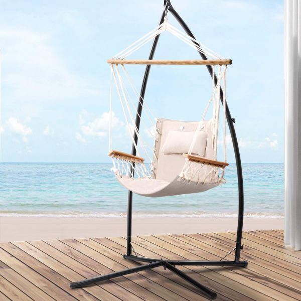Gardeon Hammock Hanging Swing Chair – Cream, With X Shap Stand