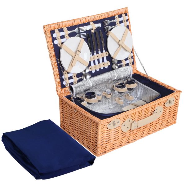 Alfresco 4 Person Picnic Basket Wicker Set Baskets Outdoor Insulated Blanket – Navy Blue