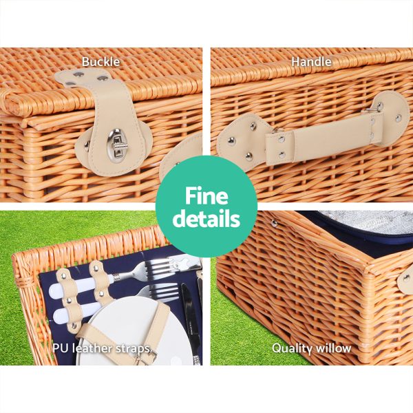 Alfresco 4 Person Picnic Basket Wicker Set Baskets Outdoor Insulated Blanket – Navy Blue