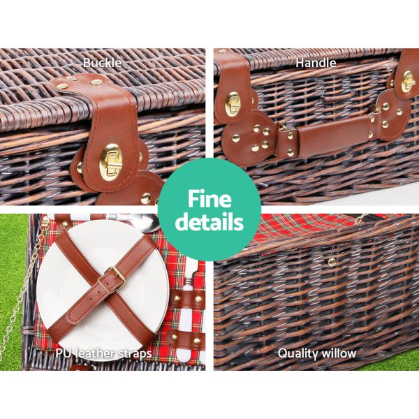 Alfresco 4 Person Picnic Basket Wicker Set Baskets Outdoor Insulated Blanket – Red