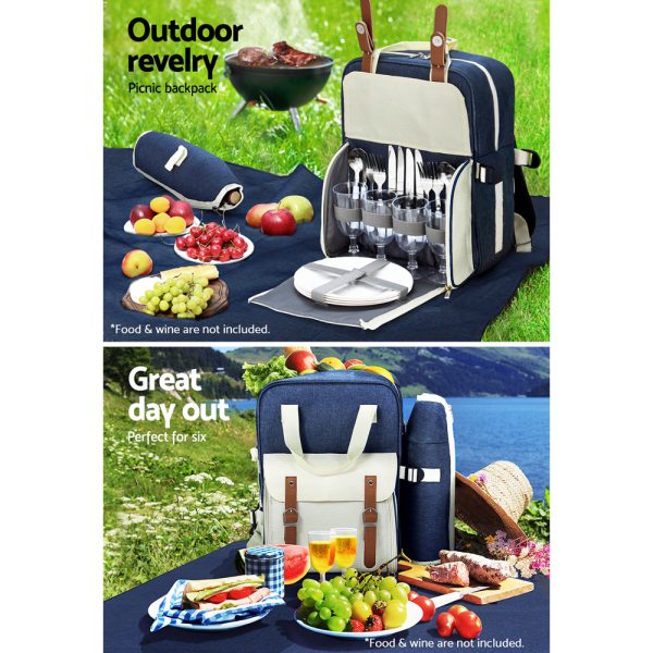 Alfresco Picnic Basket Backpack Set Cooler Bag 4 Person Outdoor Liquor – Blue and White