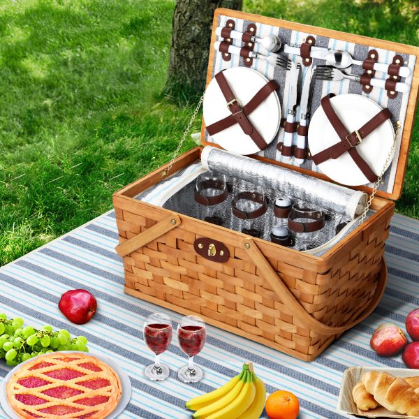 Picnic Basket Set Wooden Cooler Bag 4 Person Outdoor Insulated Liquor
