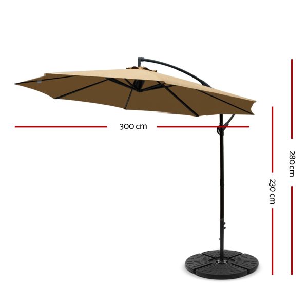 Instahut 3M Umbrella with Base Outdoor Umbrellas Cantilever Sun Beach Garden Patio – Beige, 48x48x7.5 cm(Base)