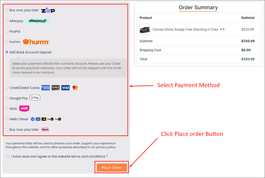 Click Place Order Button