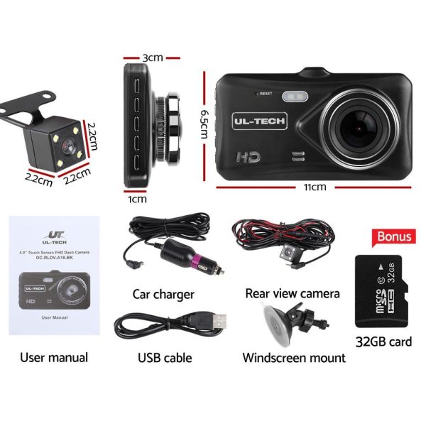 UL Tech 4 Inch Dual Camera Dash Camera – Black