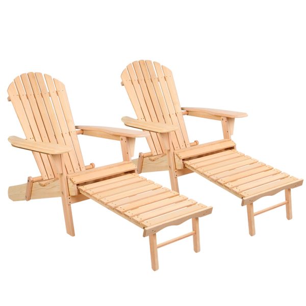2PC Adirondack Outdoor Chairs Wooden Sun Lounge Patio Furniture Garden Natural