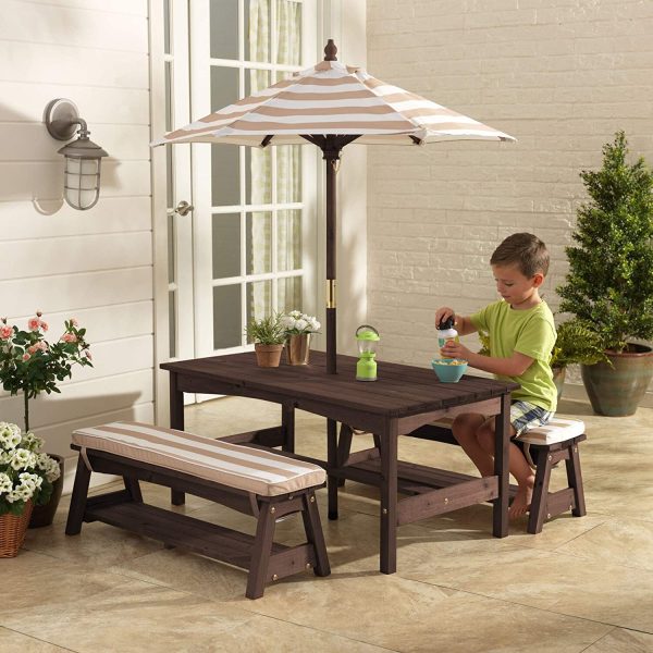 Outdoor Table & Bench Set with Cushions & Umbrella