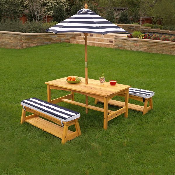 Outdoor Table & Bench Set with Cushions & Umbrella