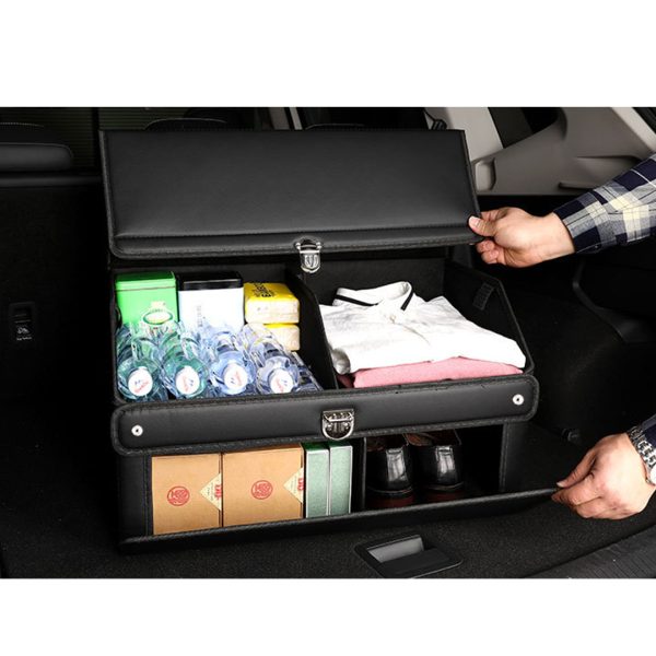 2X 60cm Leather Car Boot Collapsible Foldable Trunk Cargo Organizer Portable Storage Box with Lock Black