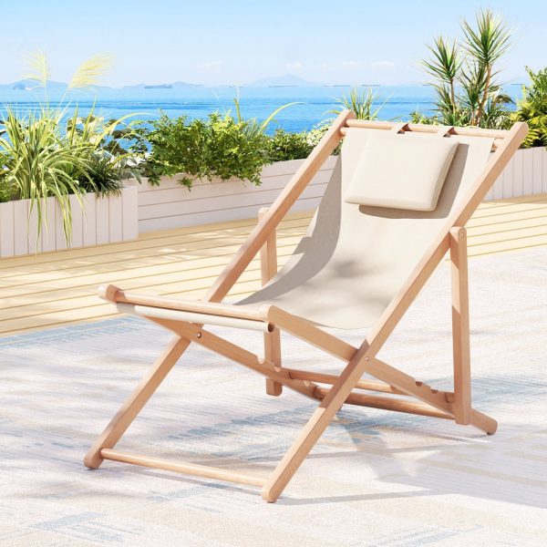 Outdoor Chairs Sun Lounge Deck Beach Chair Folding Wooden Patio Furniture Beige