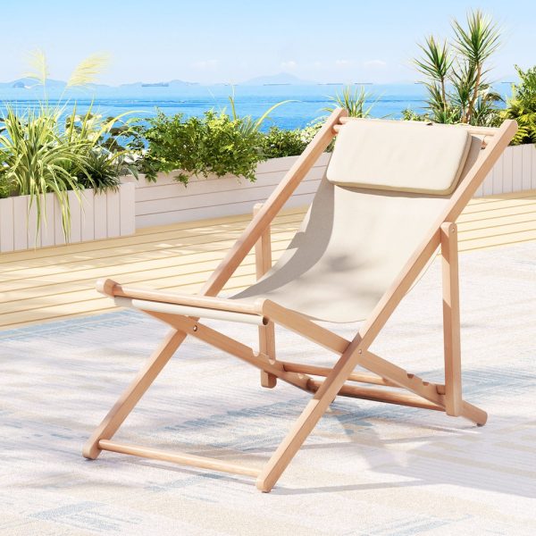 Outdoor Chairs Sun Lounge Deck Beach Chair Folding Wooden Patio Furniture Beige