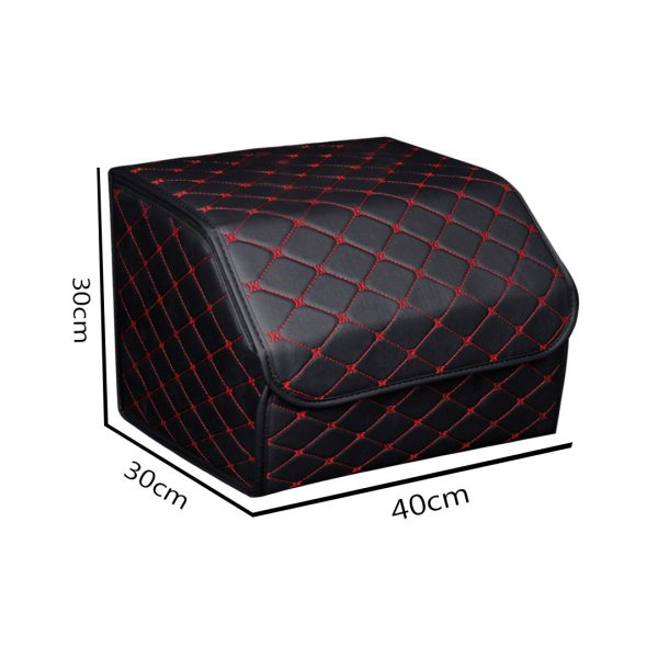 Leather Car Boot Collapsible Foldable Trunk Cargo Organizer Portable Storage Box Black/Red Stitch Medium